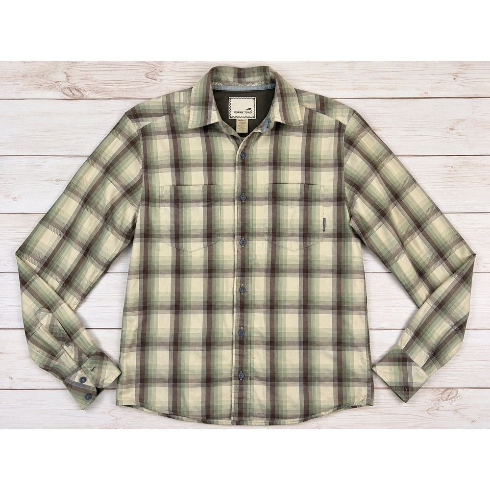 Horny Toad Men's S Plaid Long Sleeve Button Up Shirt Green Brown Outdoor Hiking